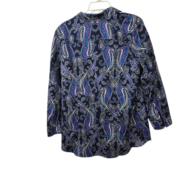 Chico's Purple Paisley No Iron Cotton Hidden Buttons Tunic Boho Chic Preppy M - Picture 3 of 11